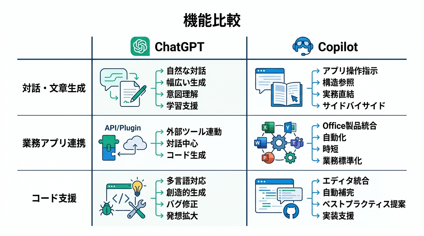 機能の違い：CopilotとChatGPTでできることの比較