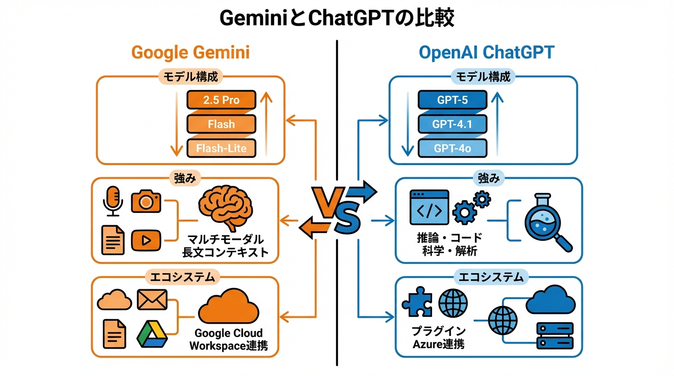 GeminiとChatGPTのモデル構成と機能の比較