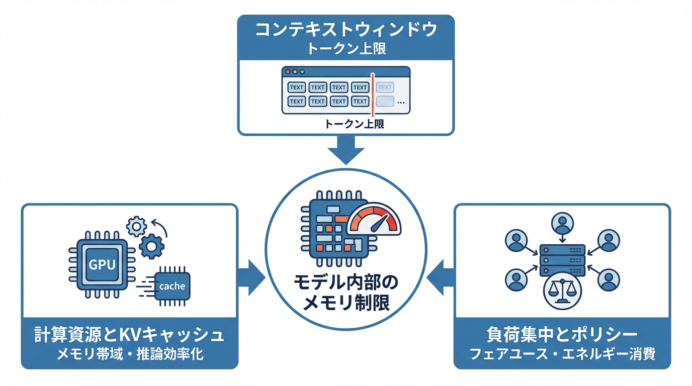 モデル内部のメモリ制限：コンテキストウィンドウと計算資源