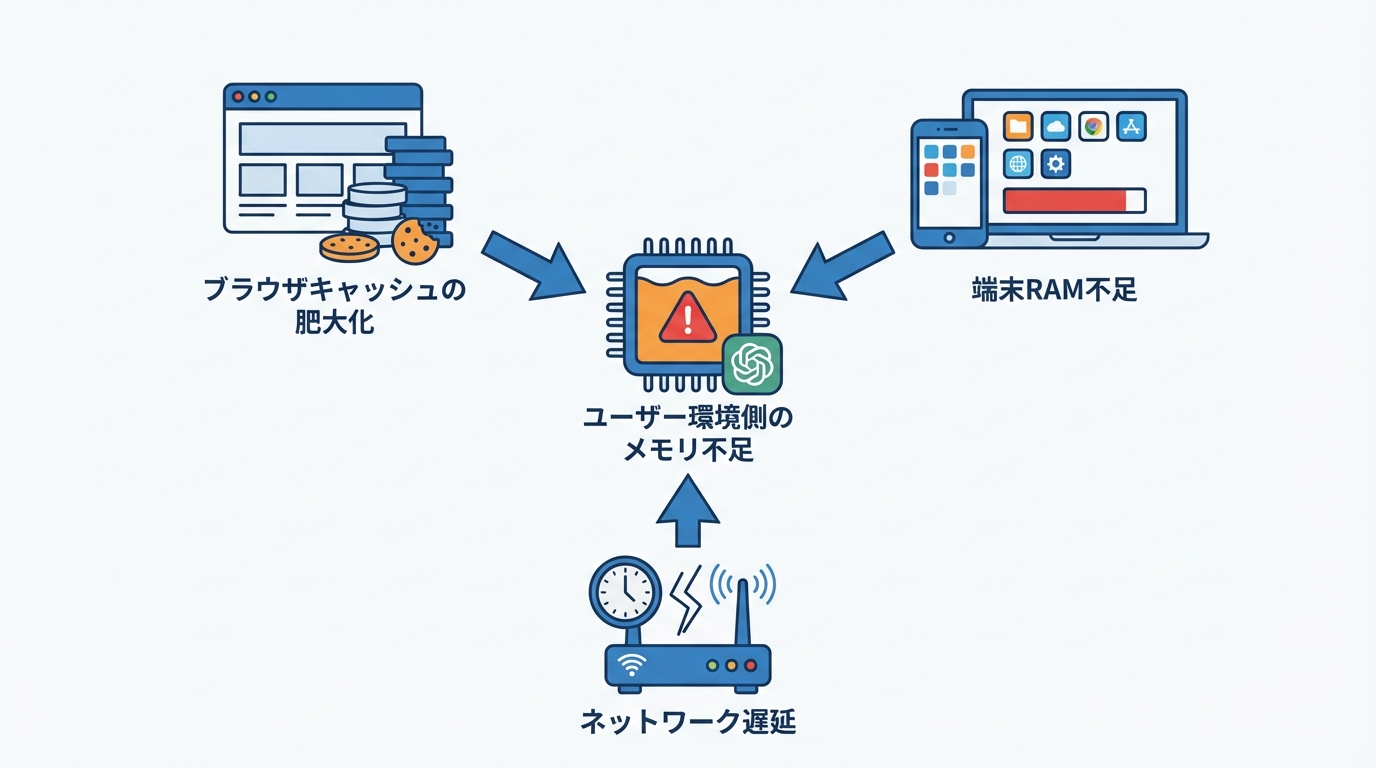 ユーザー環境側のメモリ不足：ブラウザ・端末・ネットワーク要因