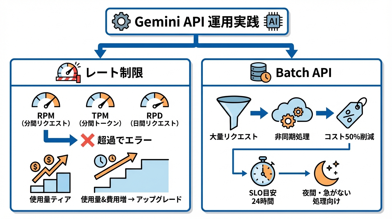 運用で詰まらないための実践（レート制限・Batch・RAG・規約）