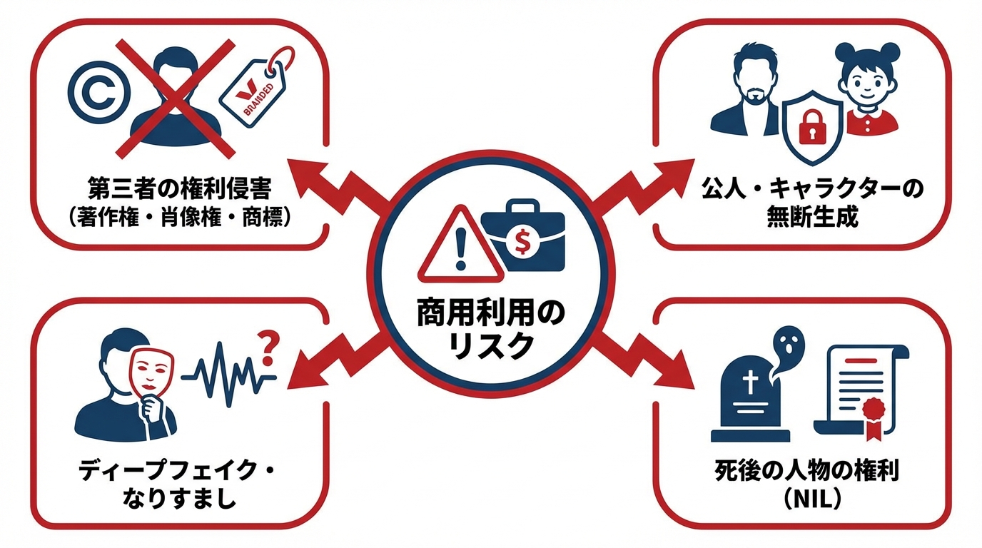 商用利用のリスク：著作権・肖像権・商標・誤情報