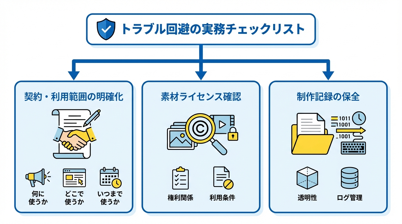トラブルを避ける実務チェックリスト：契約・開示・素材管理
