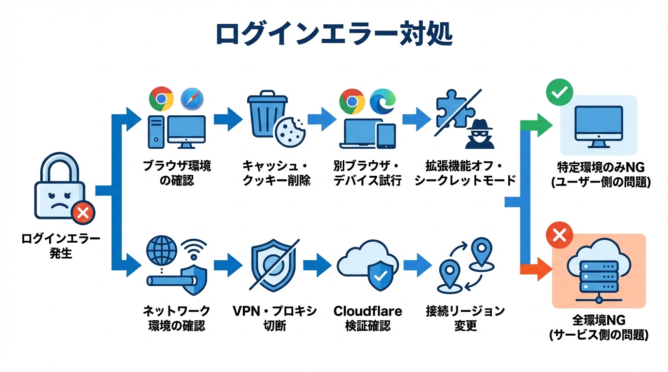ブラウザ・ネットワーク起因のログインエラーと対処法