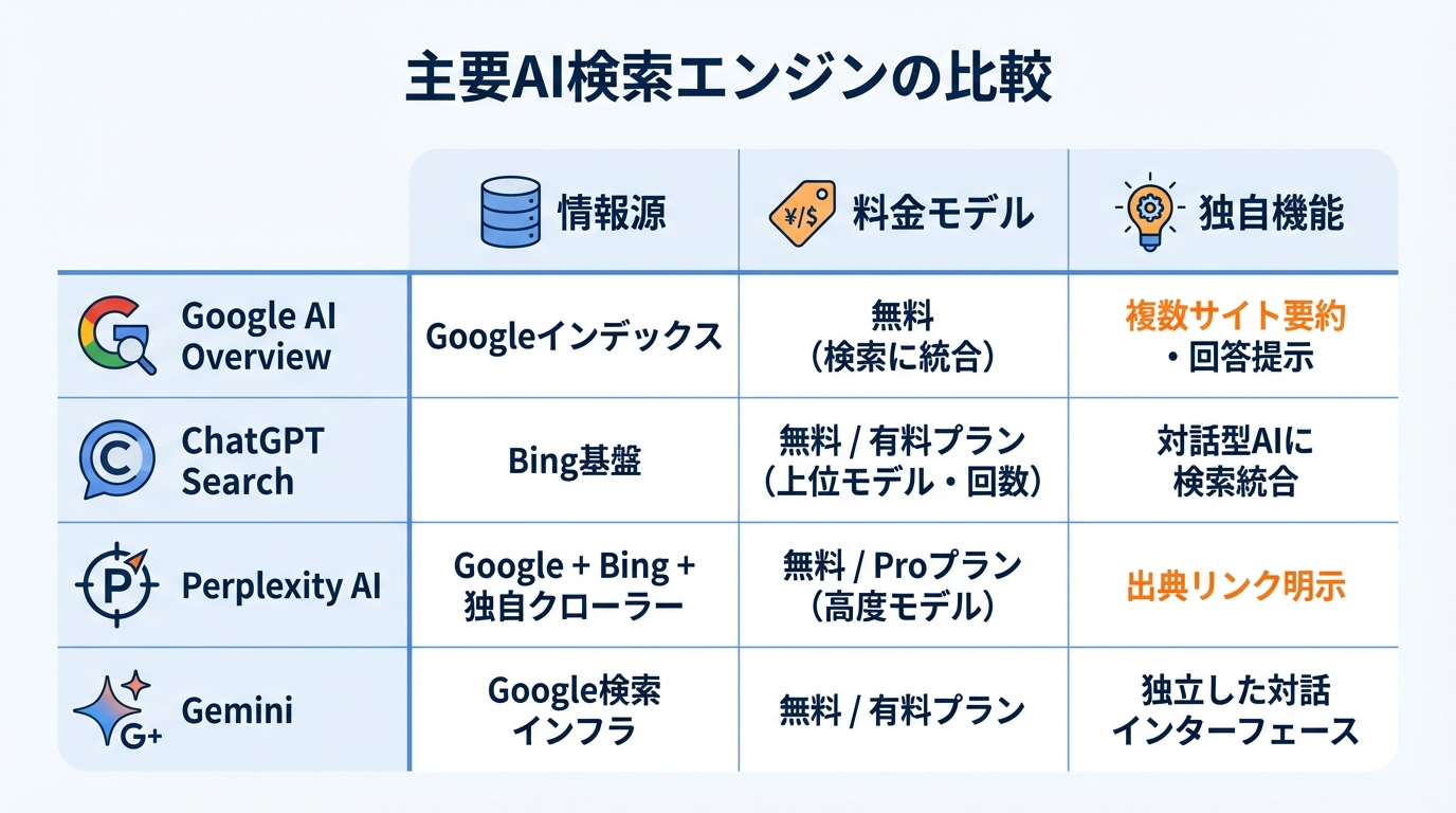 主要5社のAI検索エンジンを精度・速度・料金で比較
